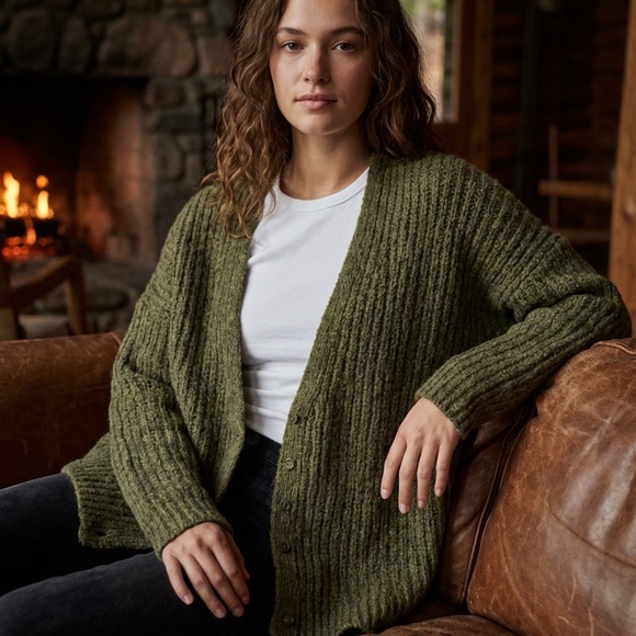 Free People Moss Green Chunky Knit Cardigan Size M NWT - Picture 9 of 14